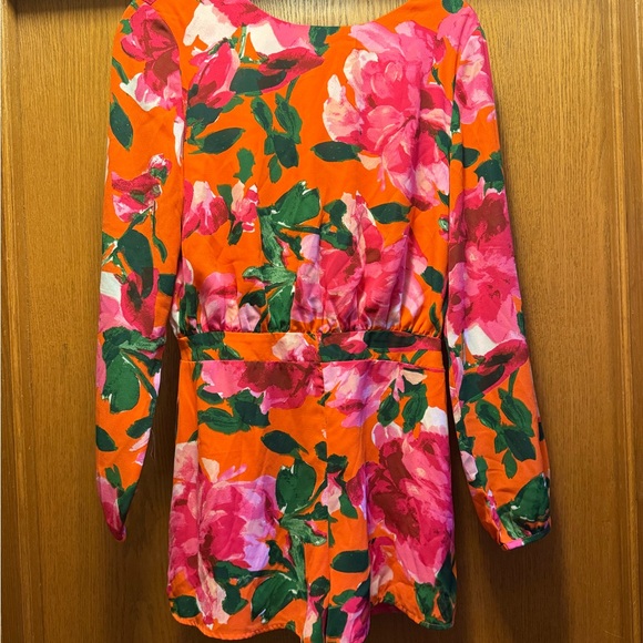 Lulus Pants - Lulu's Orange Floral Long Sleeve Romper with Pink & Green Print
